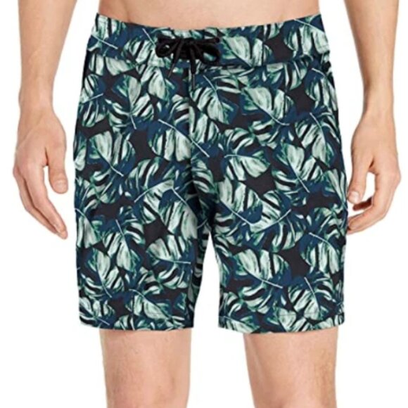 Men's Leaf Pattern Swim Shorts - Black and Green - Size: 32 - Picture 1 of 9